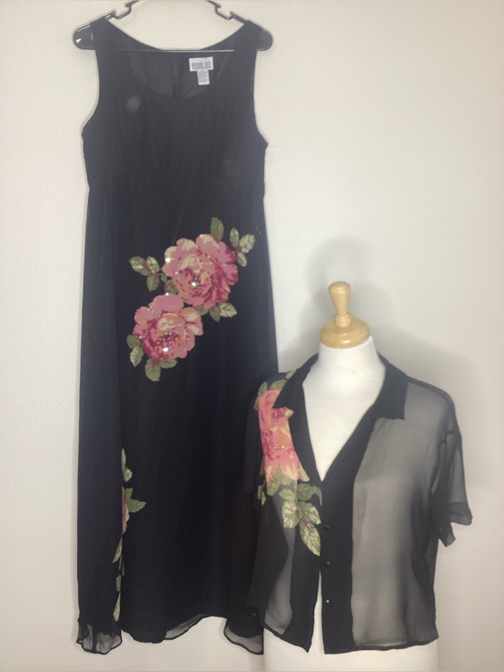 Vintage Black Silk Midi Dress & Jacket Beaded Roses Whimsigoth Sz 10